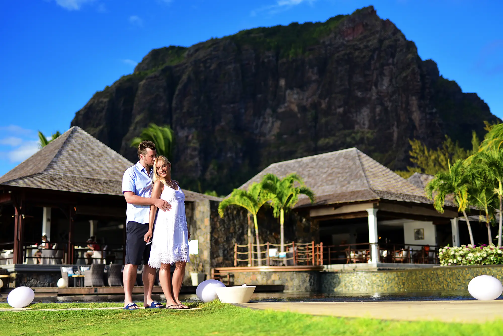 Le Morne beach wedding photography Mauritius — UNESCO cliff backdrop